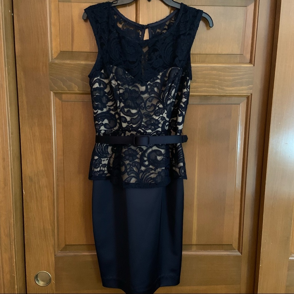 Xscape navy lace peplum belted dress